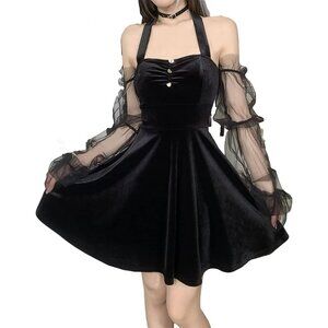 Women's Gothic Fairy Dresses Velvet Off Shoulder Emo Halter Vintage Dress